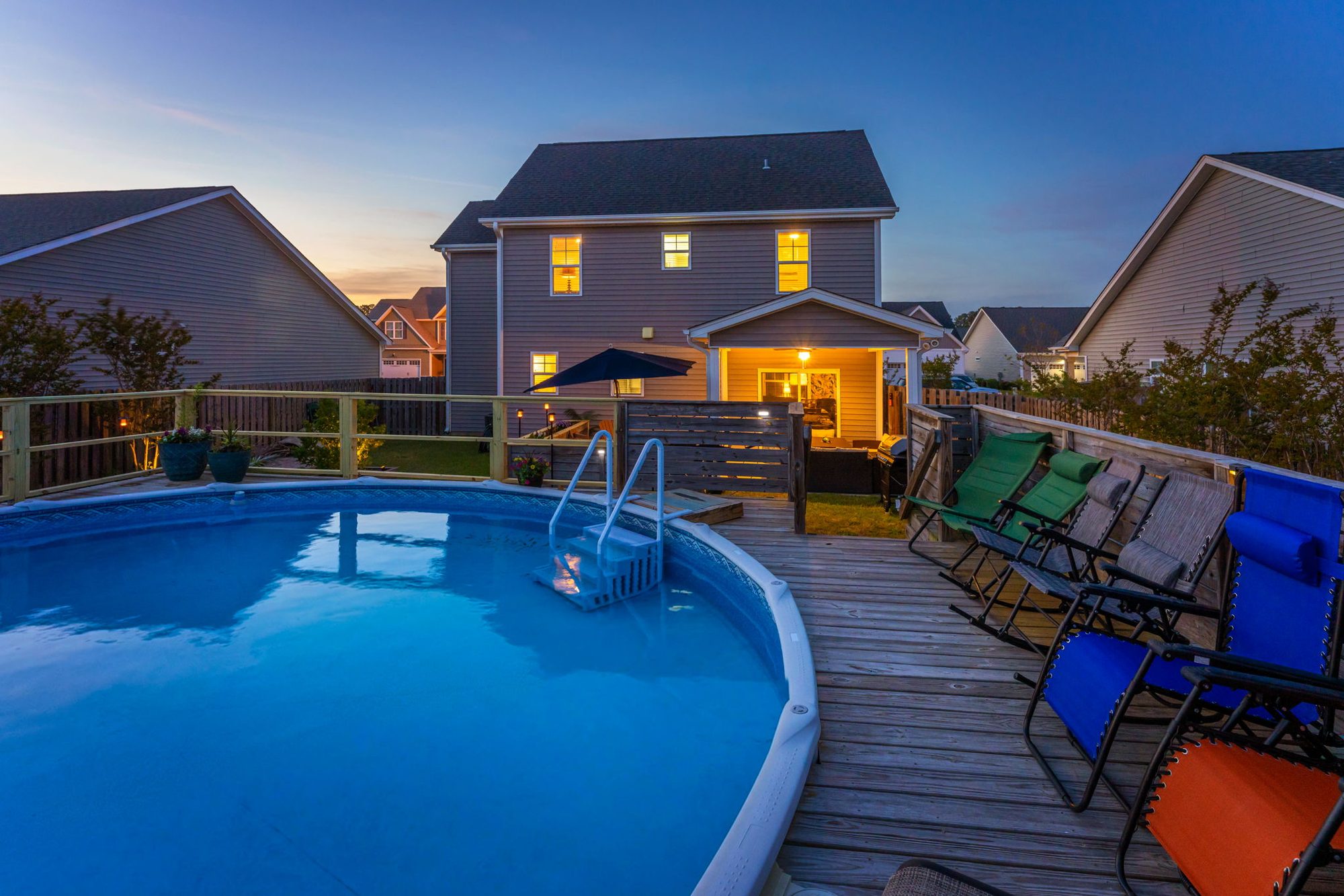 Pool and deck at twilight