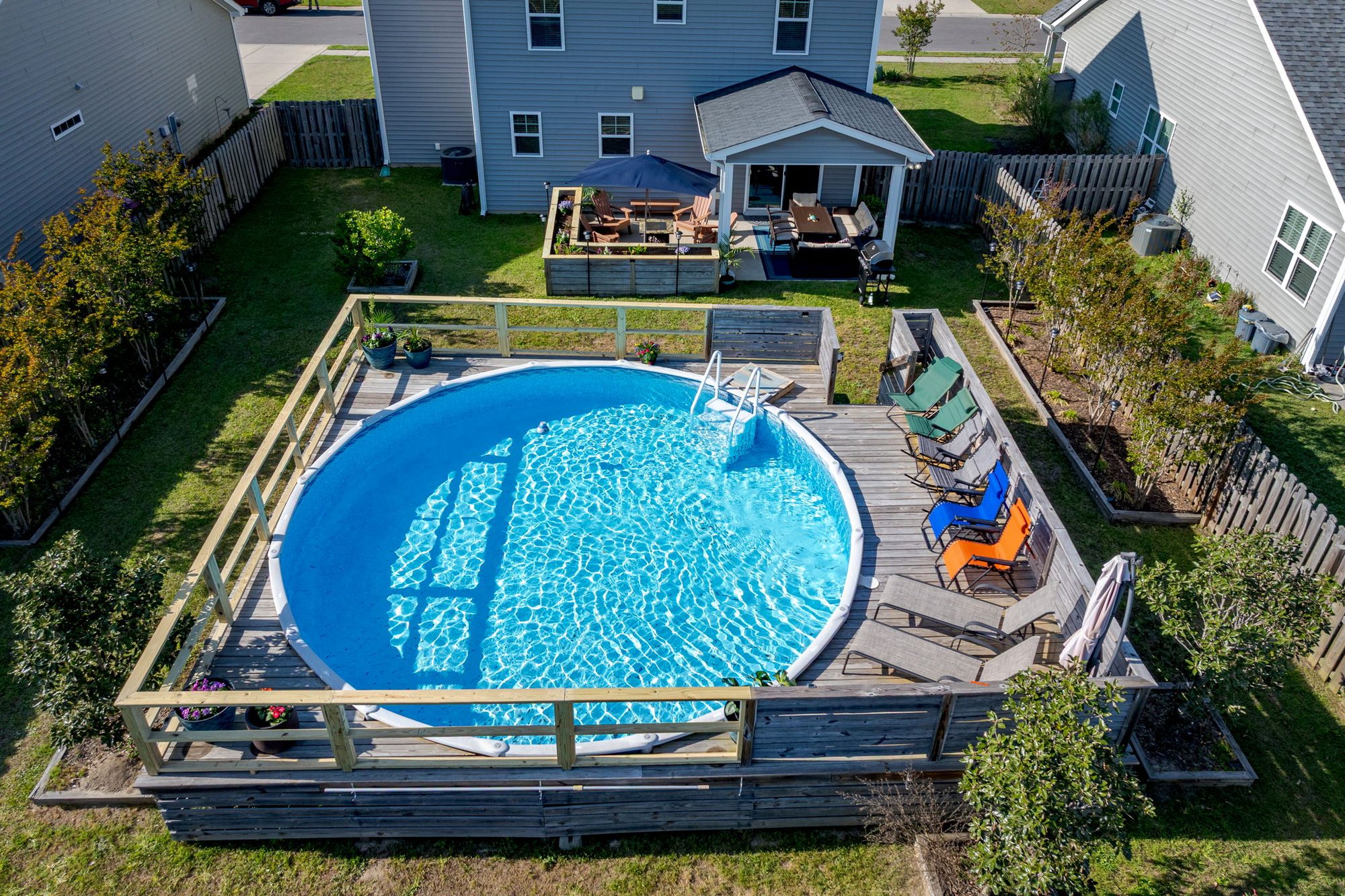 Aerial view of the seasonal above-ground saltwater pool